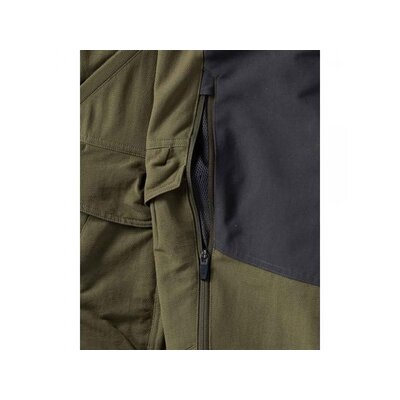 Detail nohavíc Merkel Gear Paläarktis Gen. II s bočným vreckom na zips. Materiál v olivovej farbe s čiernymi časťami, vyrobený z odolnej bavlny a polyesteru.