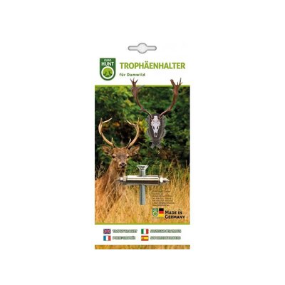 Držiak na danieliu trofej značky Euro Hunt, kovová rozpínavá vložka s istiacimi tŕňmi a záchytná skrutka, použitie na upevnenie trofeje na podložku, vyrobené v Nemecku.