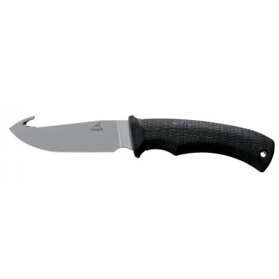 Pevný poľovnícky nôž GERBER GATOR FIXED GUT HOOK s čiernou ergonomickou rukoväťou a čepeľou zakončenou párakom.